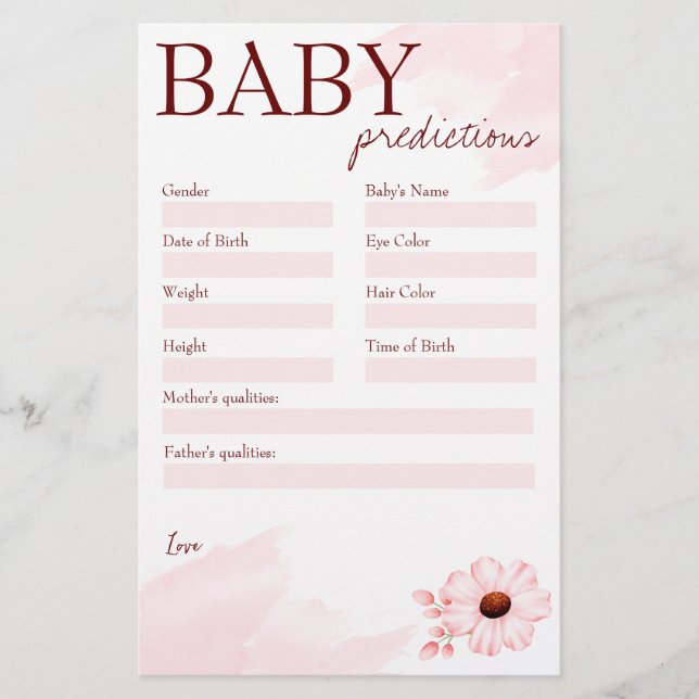 Papelería Juego de predicción de la ducha para bebé rosa par (Anverso)