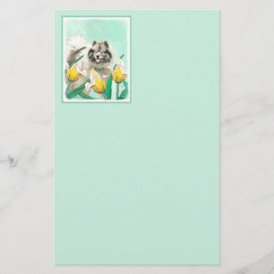 Papelería Keeshond en tulipanes pintando arte original del p