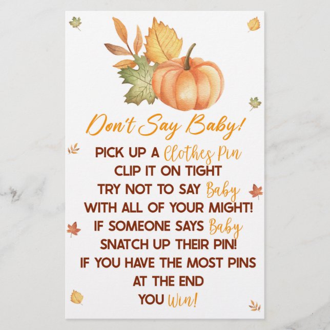 Papelería La calabaza otoñal no dice juego de Baby Shower (Anverso)