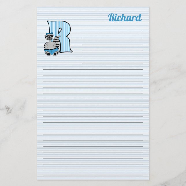 Papelería Letra mongrama del mapache azul R con nombre aline (Anverso)
