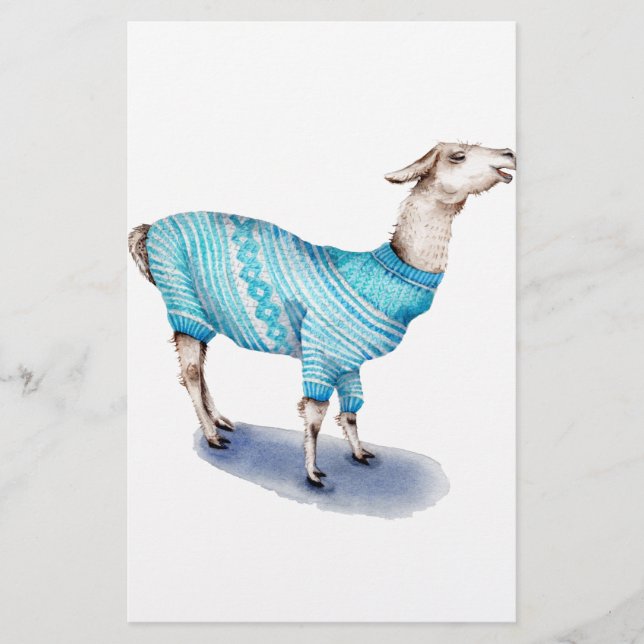 Papelería Llama acuarela en suéter azul (Anverso)