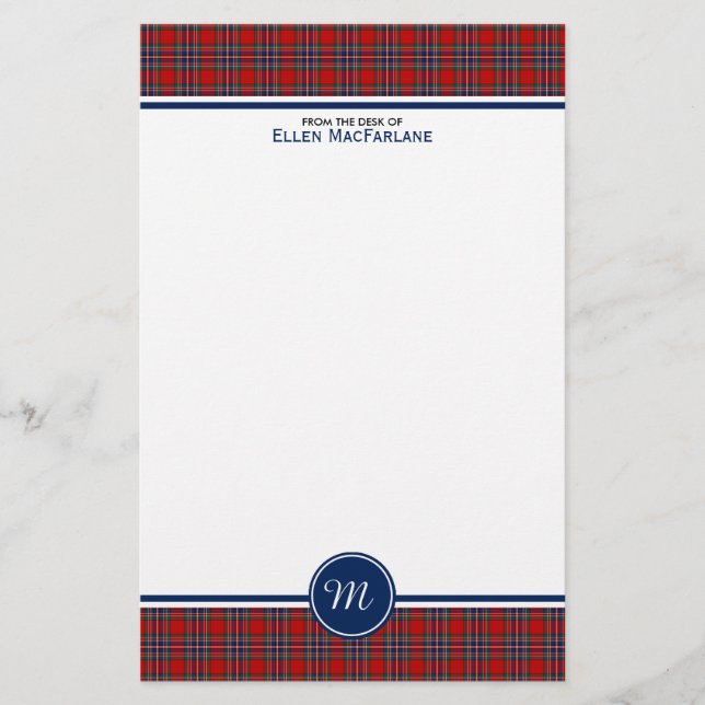 Papelería MacFarlane Clan Tartán Monograma rojo y azul (Anverso)