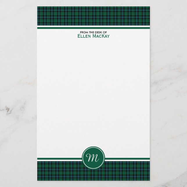 Papelería MacKay Clan Tartan Green Scottish Plaid Monograma (Anverso)
