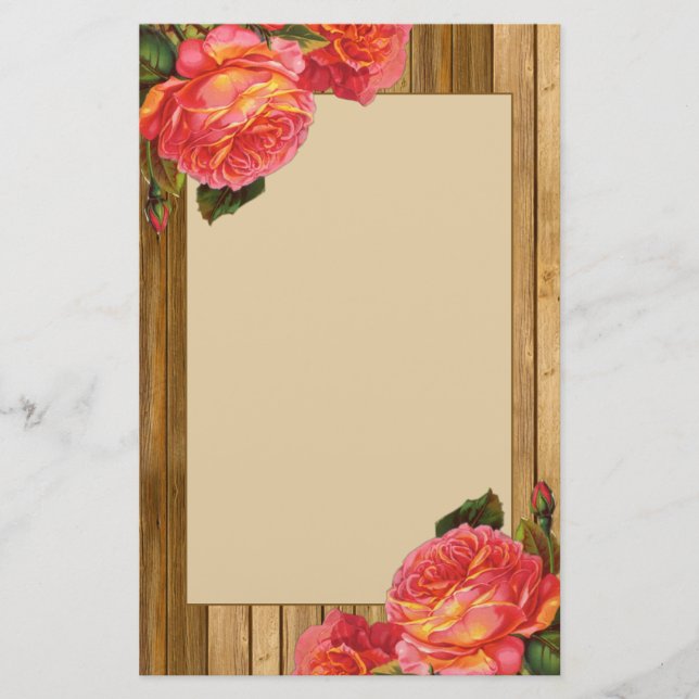 Papelería Magnífica Rústica Madera y Rosas rosa de Apricot V (Anverso)