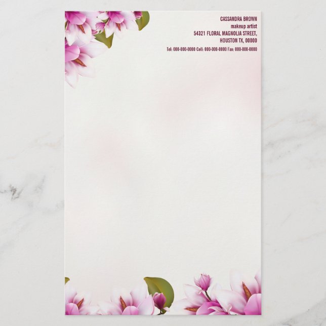 Papelería Magnolia Floral rosa personalizada (Anverso)