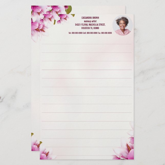 Papelería Magnolia Pink Floral Business Photo Stationery (Anverso / Reverso)