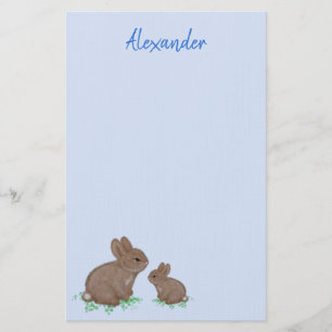 Papelería Mamá adorable y conejito bebé en azul de trébol