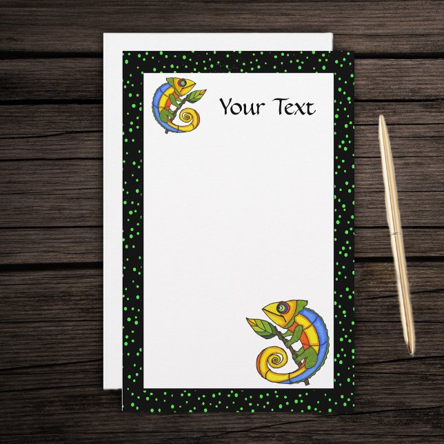 Papelería Maravilla divertida colorida en una rama (Two cute colourful fantasy lizards green leaves on white with black green dotted border stationery.)