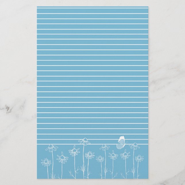 Papelería Mariposa Azul Chamomile Flores Lino Blanco (Anverso)