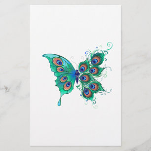 Papelería Mariposa con plumas de pavo real verde
