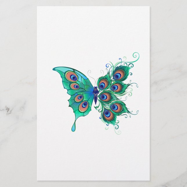 Papelería Mariposa con plumas de pavo real verde (Anverso)