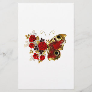 Papelería Mariposa de flor roja con rosas rojas