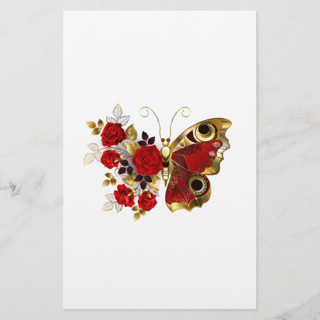 Papelería Mariposa de flor roja con rosas rojas (Anverso)
