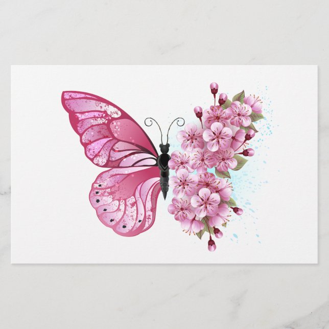 Papelería Mariposa de flores con Sakura rosa (Anverso)