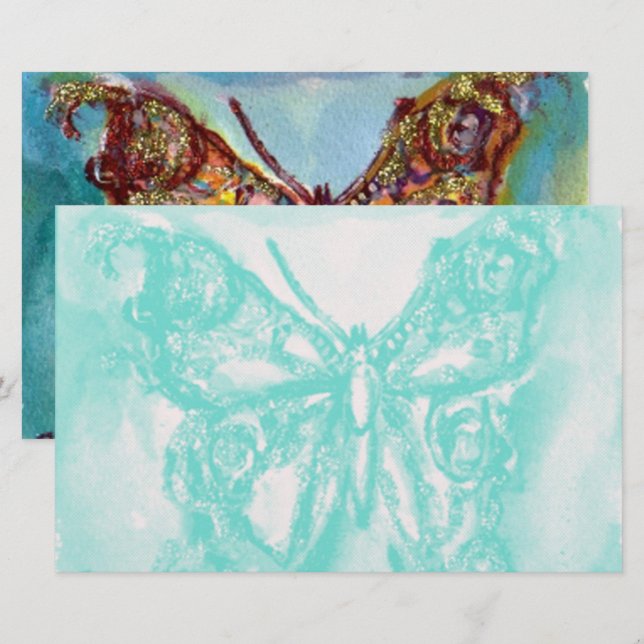 PAPELERÍA MARIPOSA DE ORO EN AZUL (Anverso / Reverso)