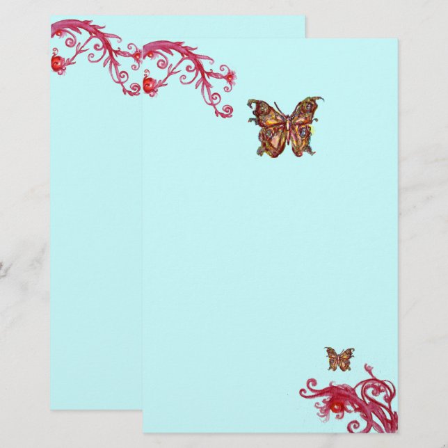 Papelería MARIPOSA DE ORO Y BERRÍAS ROJAS Floral azul Verde  (Anverso / Reverso)
