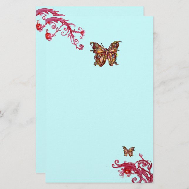 Papelería MARIPOSA DORADA Y BAYAS ROJAS Floral Azul Teal (Anverso / Reverso)
