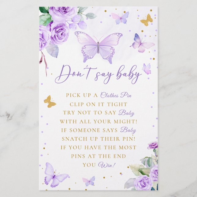 Papelería Mariposa morada floral no dice juego de Baby Showe (Anverso)