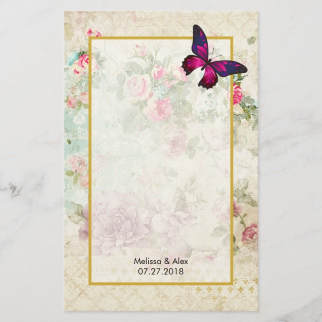 Papelería Mariposa rosa y Personalizado de Rosas Shabby Vint (Anverso)