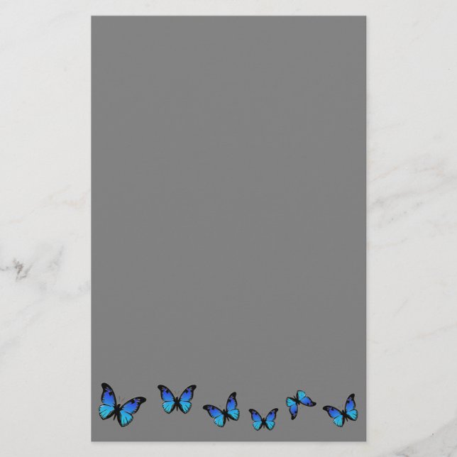 Papelería mariposas azules sobre fondo plateado (Anverso)
