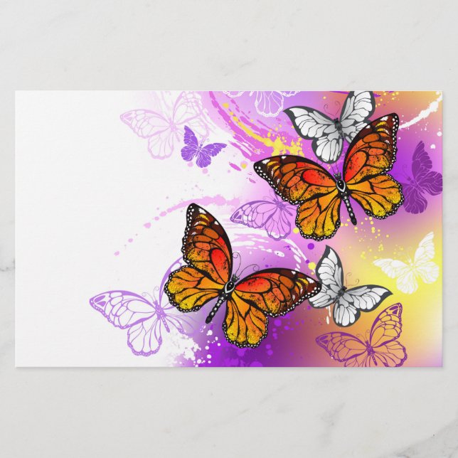 Papelería Mariposas monarcas en fondo morado (Anverso)
