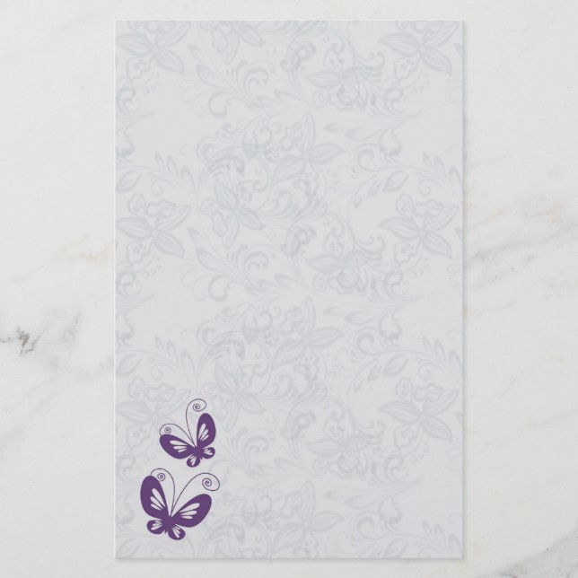 Papelería Mariposas moradas en Boda floral plateado (Anverso)