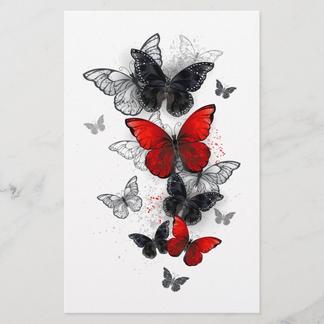 Papelería Mariposas Morpho voladoras negras y rojas (Anverso)