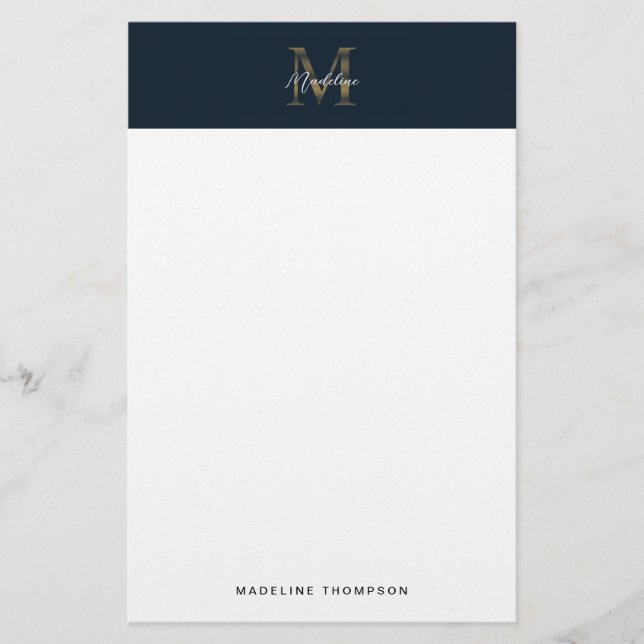 Papelería Minimalist Script Metallic Navy Blue Gold Monogram (Anverso)