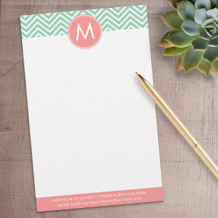 Papelería Mint y Coral Chevrons con Monograma Personalizado