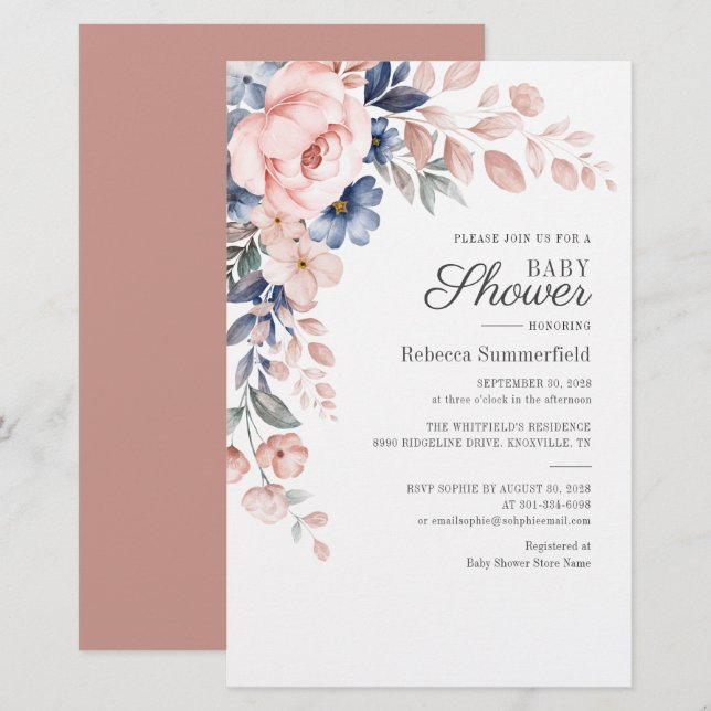 Papelería Moderna acuarela floral azul rosa Baby Shower (Anverso / Reverso)