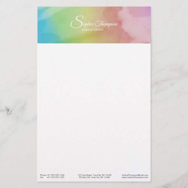 Papelería Moderna acuarela Script Rainbow Pastel Stationery (Anverso)