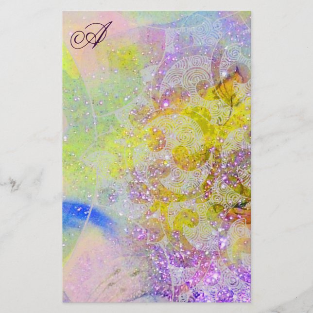 PAPELERÍA MONOGRAMA ABSTRACTO AMARILLO PURPLE FLORAL SWIRLS (Anverso)