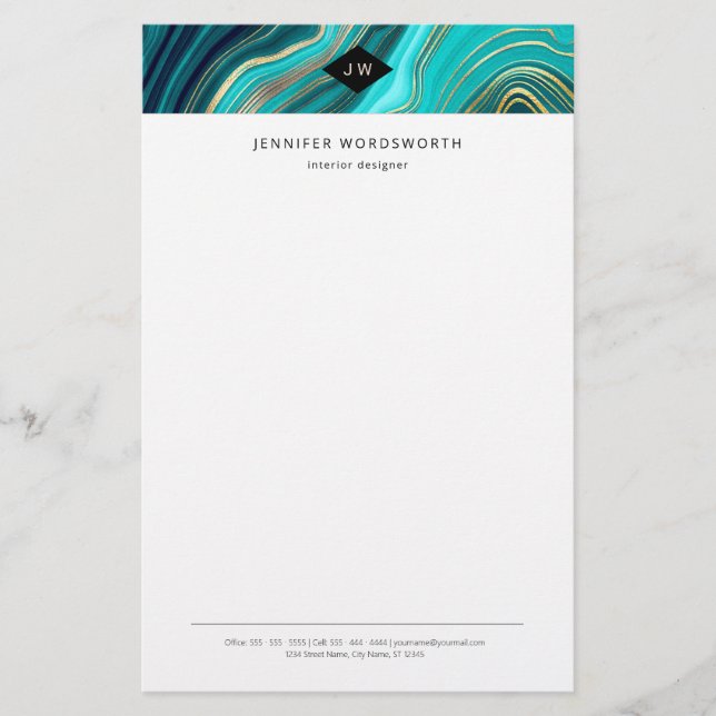 Papelería Monograma acuarela Geode Agite verde malaquita (Anverso)