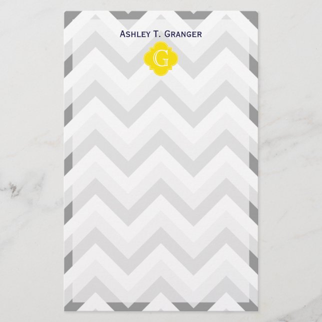 Papelería Monograma amarillo Chevron blanco gris (Anverso)