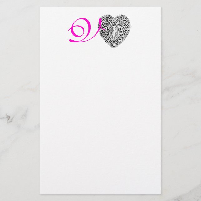 Papelería MONOGRAMA CUPID LACE HEART, fucsia rosa (Anverso)
