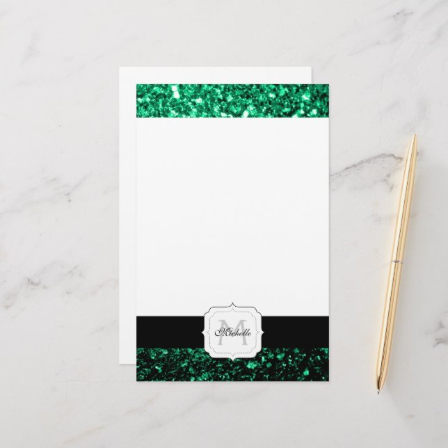 Papelería Monograma de brillo falso verde esmeralda (Anverso/Reverso In Situ)