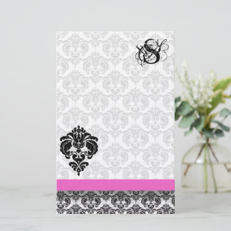 Papelería Monograma de damasca rosa y negra