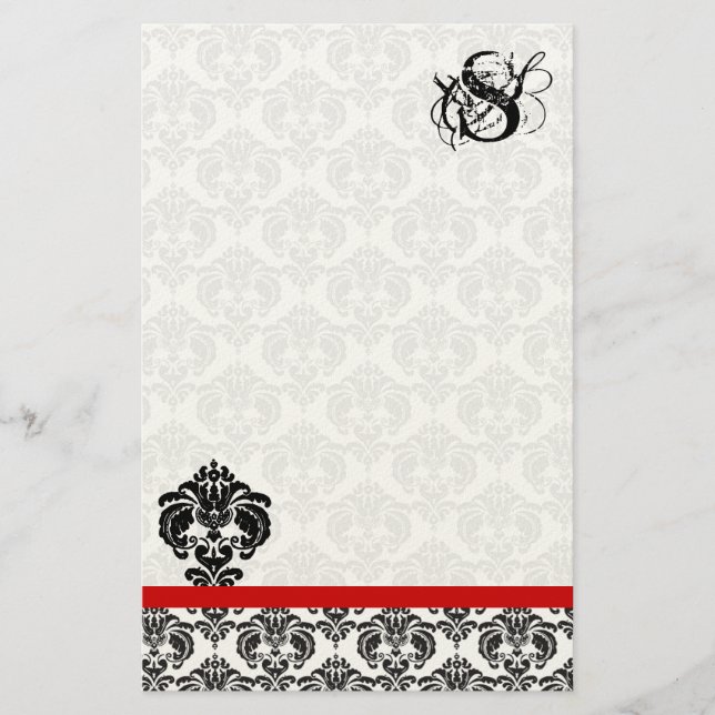 Papelería Monograma de damasco negro trenzado rojo (Anverso)