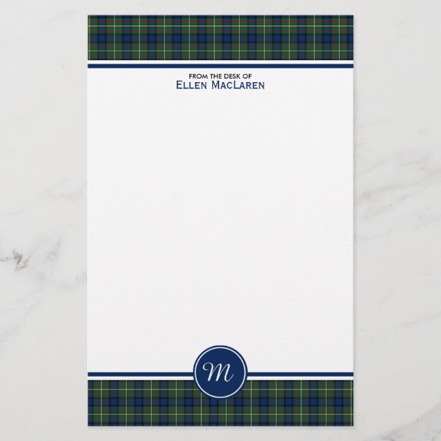 Papelería Monograma de MacLaren Clan Tartán Azul y Green Pla (Anverso)