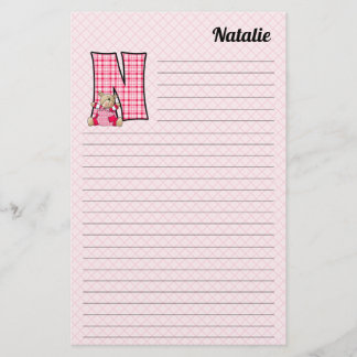 Papelería Monograma de oso rosa N con nombre