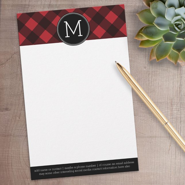 Papelería Monograma de patrón de patrón de búfalo negro rojo (Personalized Stationery)
