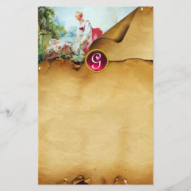 Papelería Monograma de rubí rojo pergamino de BABY SHOWER CO (Anverso)