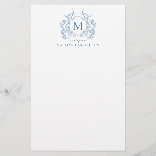 Papelería Monograma del Escudo de cosecha floral azul clásic (Anverso)