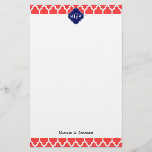 Papelería Monograma del nombre de la Marina #4 de Coral Red
