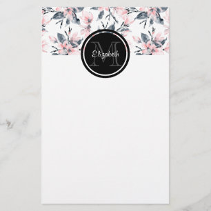 Papelería Monograma del patrón acuático floral rosa y gris