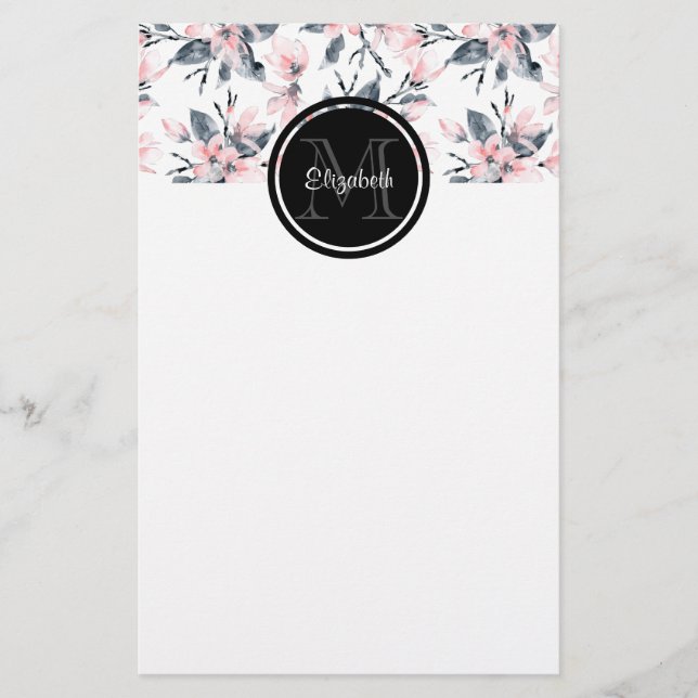 Papelería Monograma del patrón acuático floral rosa y gris (Anverso)