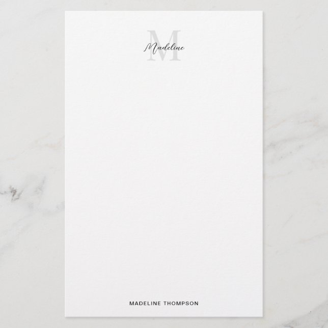 Papelería Monograma Elegante Mínimo Blanco Negro Script (Anverso)