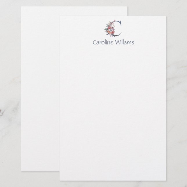 Papelería Monograma floral azul personalizado C (Anverso / Reverso)