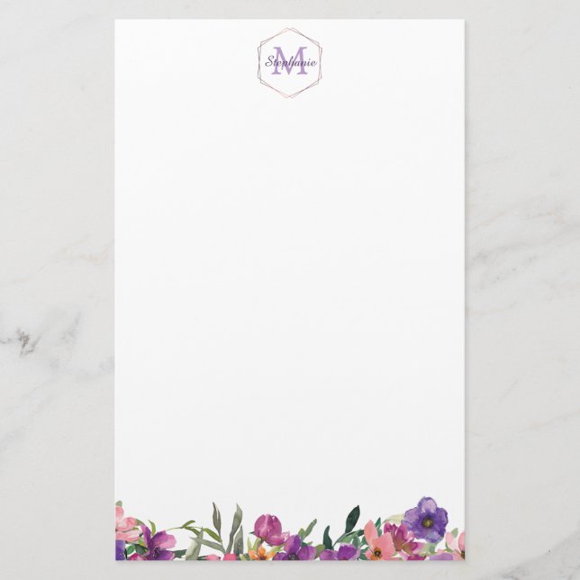 Papelería Monograma floral rosado y azul violeta de la (Anverso)