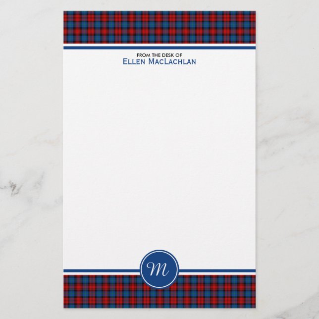 Papelería Monograma MacLachlan Tartán rojo y azul plastifica (Anverso)
